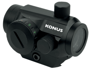 The Konus Nuclear-QR red dot sight comes with a quick-release mount and riser.